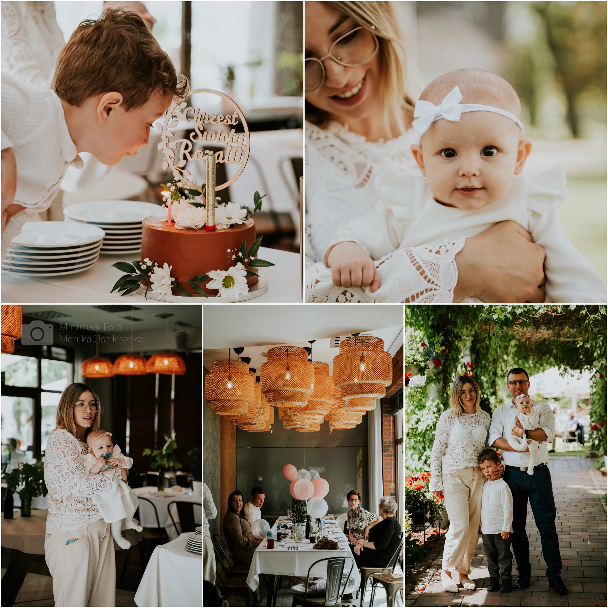 Kolaż zdjęć z uroczystości, w tym chłopiec dmuchający świeczkę na torcie z napisem 'Chrzest Święty Rozalii', uśmiechnięta matka trzymająca niemowlę z białą kokardką, oraz rodzina pozująca na tle...