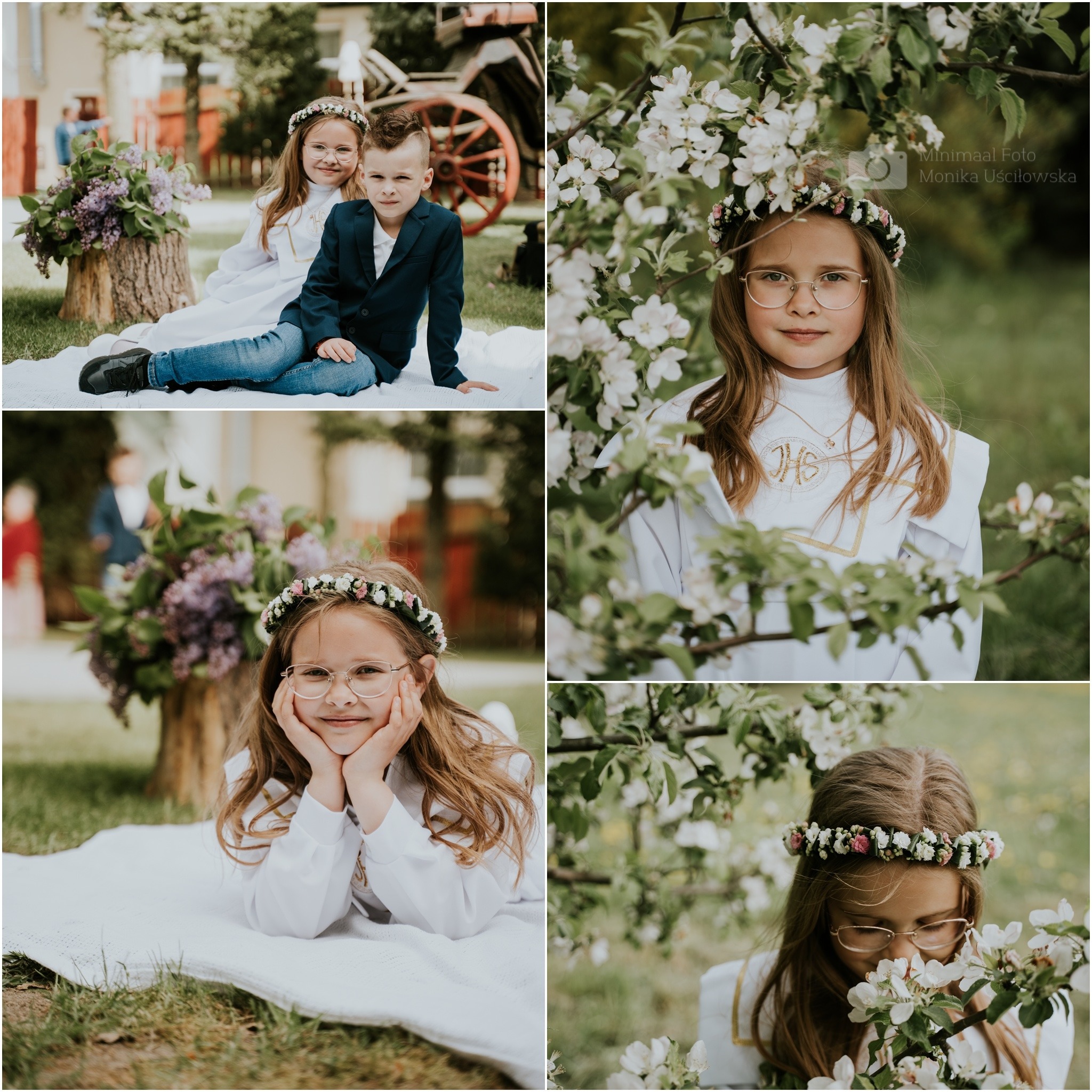 Kompozycja zdjęć z uroczystości Pierwszej Komunii Świętej: dziewczynka w wianku i okularach pozuje na trawie i wśród kwitnących gałęzi, obok chłopiec w marynarce na pikniku.