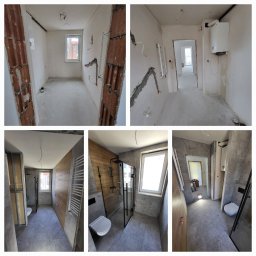 Dariusz Krakowski - Zestawienie zdjęć przedstawiających etapy remontu łazienki: stan surowy z odsłoniętą cegłą, instalacjami i wylewką oraz wykończona łazienka z szarą glazurą, drewnianymi panelami, czarną armaturą...