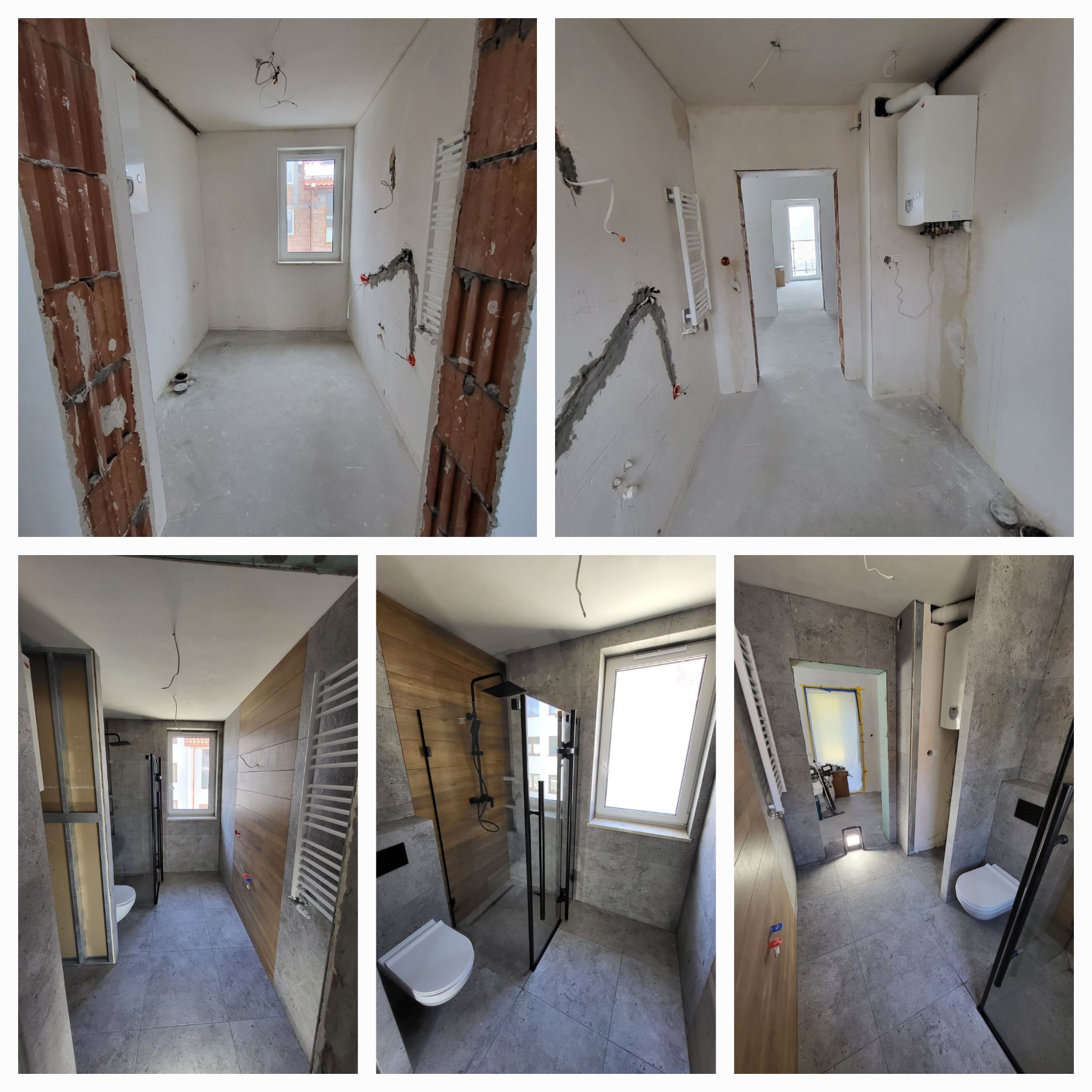 Zestawienie zdjęć przedstawiających etapy remontu łazienki: stan surowy z odsłoniętą cegłą, instalacjami i wylewką oraz wykończona łazienka z szarą glazurą, drewnianymi panelami, czarną armaturą...