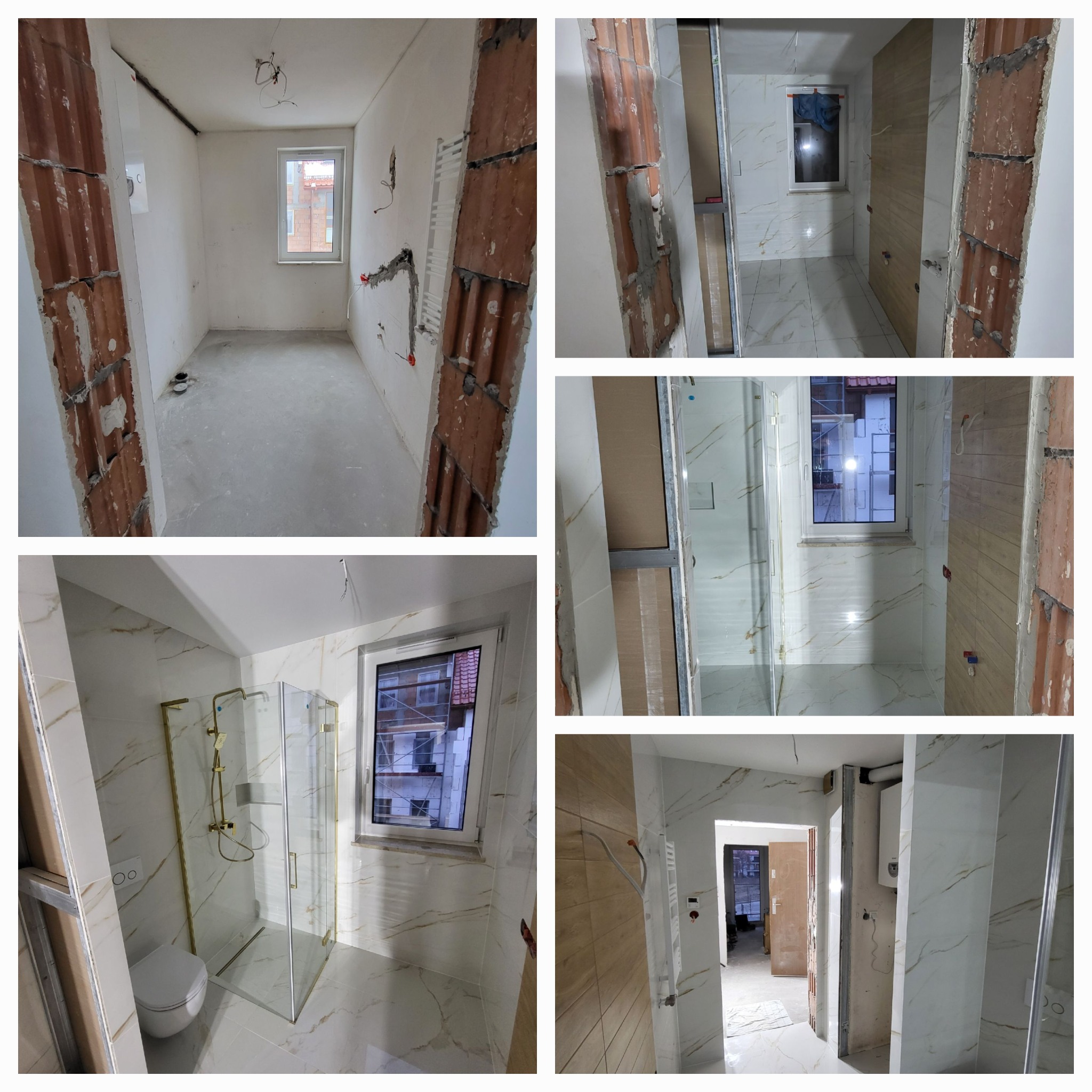 Montaż płytek imitujących marmur w łazience w trakcie remontu, widoczne niedokończone ściany, instalacja elektryczna i kabina prysznicowa ze złotymi elementami.