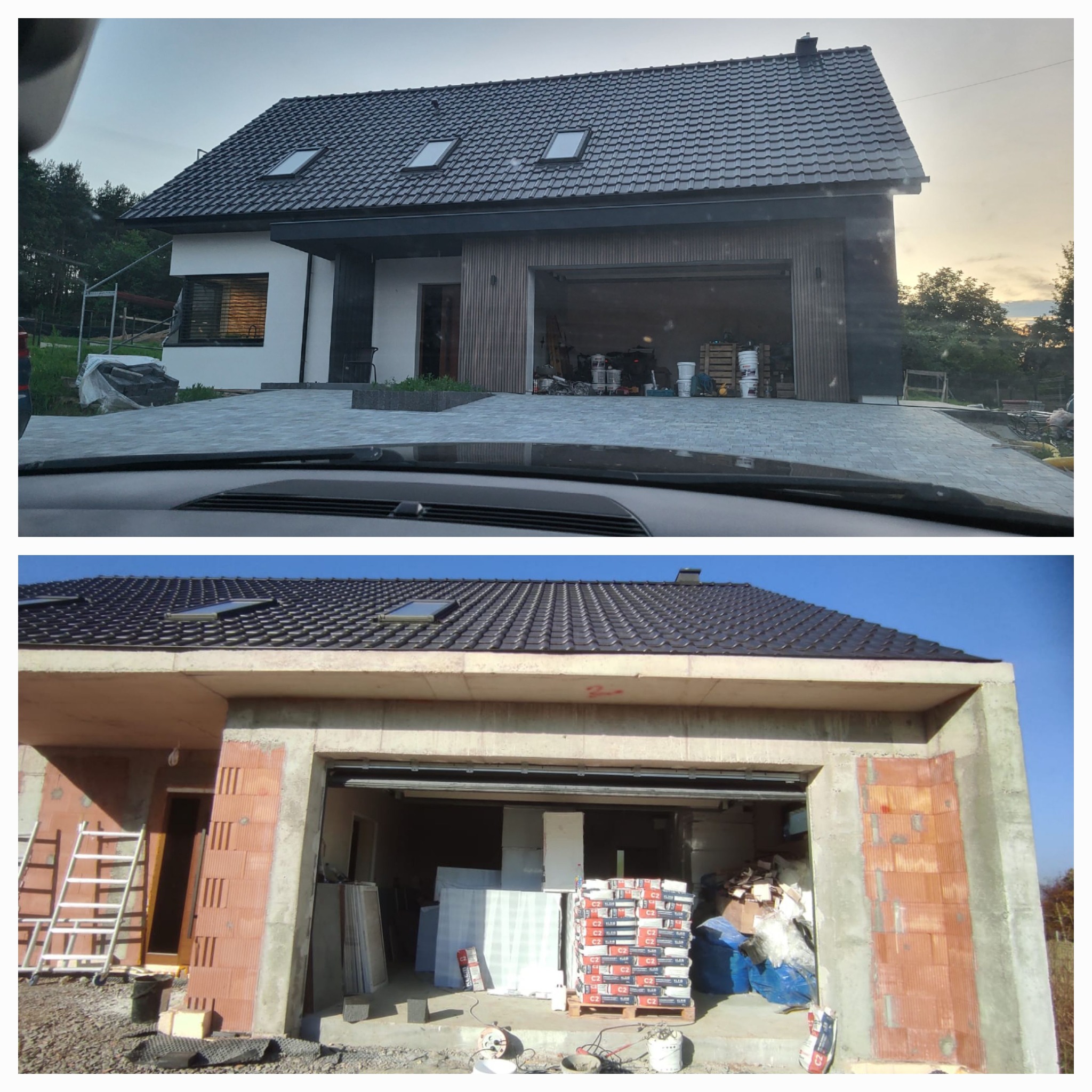 Dwa ujęcia tego samego domu: jedno ukończone z czarną dachówką i oknami dachowymi, drugie w trakcie budowy, z odsłoniętymi bloczkami ceramicznymi i workami zaprawy w garażu.