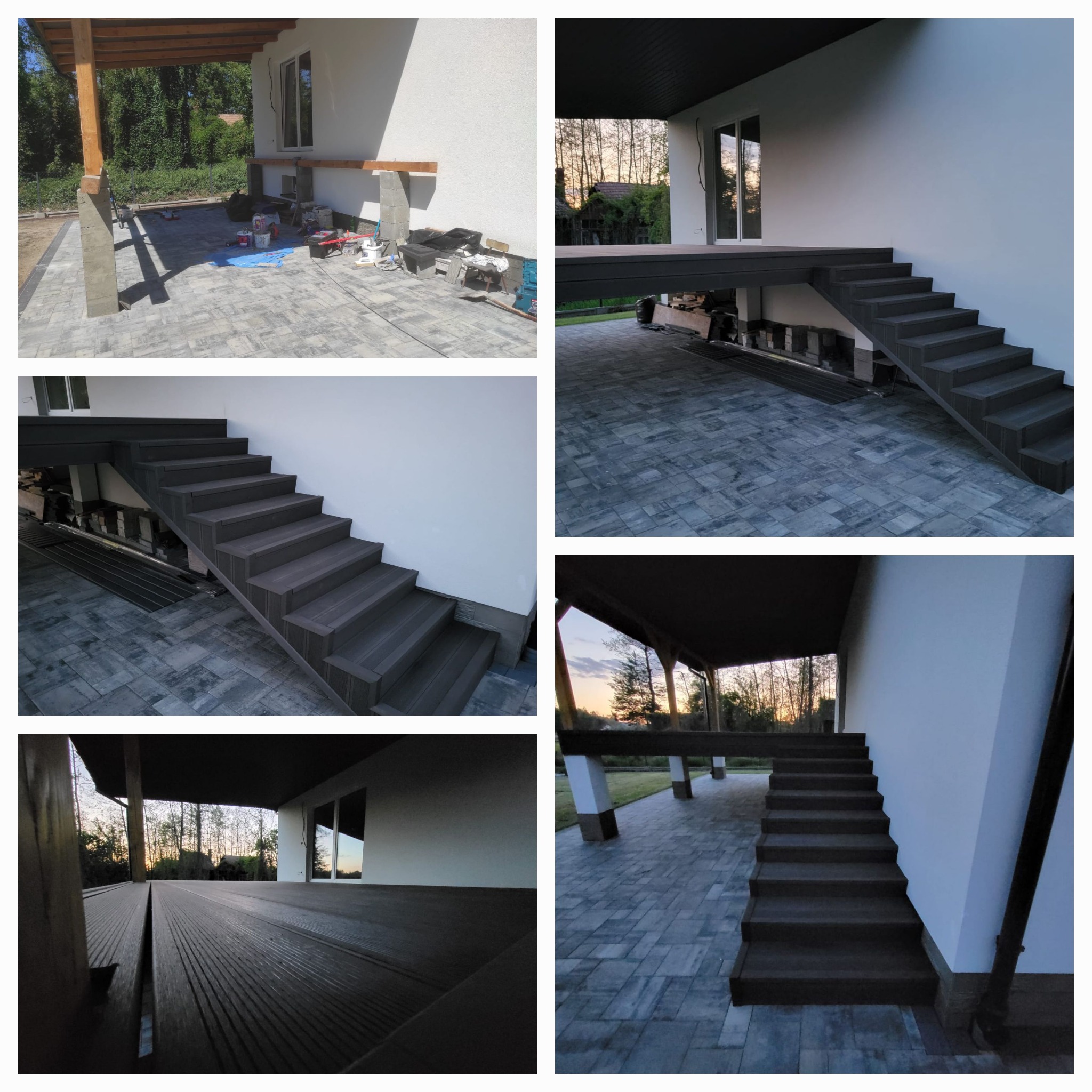 Zewnętrzne schody z kompozytu drewna prowadzące na taras, widoczne z różnych perspektyw, na jednym ujęciu materiały budowlane i narzędzia, kostka brukowa ułożona na podłożu.