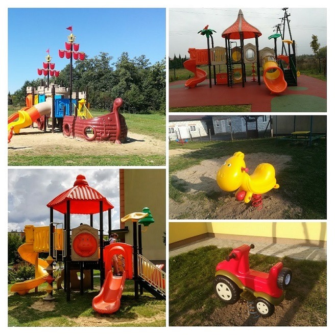 Kompozycja zdjęć przedstawiających różne elementy placu zabaw: statek piracki z wieżą, zestaw zabawowy z tunelem i zjeżdżalnią, żółty konik sprężynowy na piasku oraz czerwony samochodzik sprężynowy...