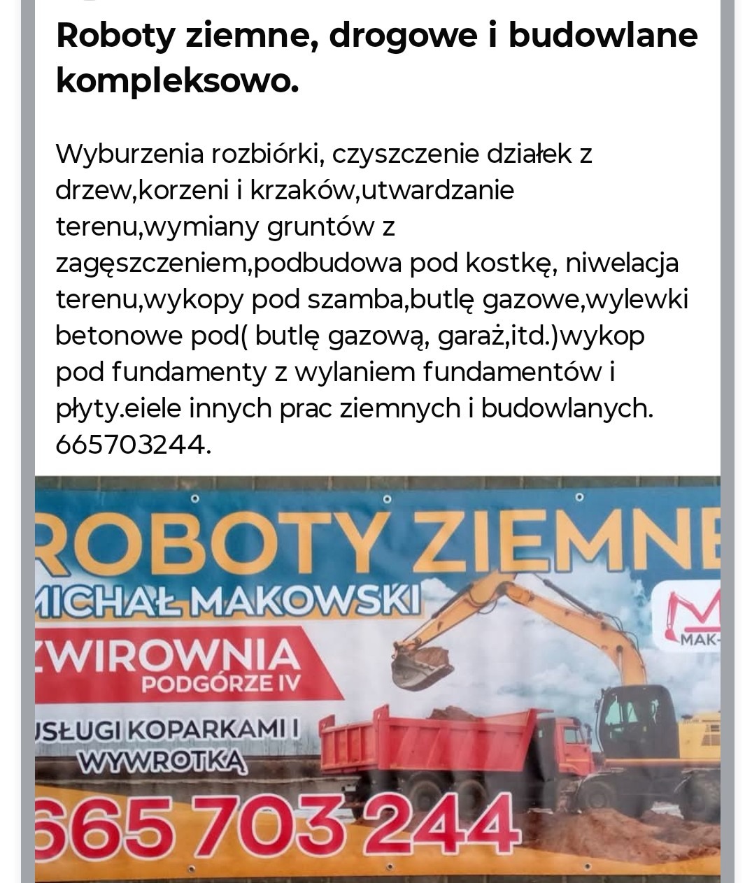 Baner reklamowy: Żółta koparka ładuje ziemię na czerwoną wywrotkę. Usługi koparkami i wywrotką. Roboty ziemne Michał Makowski. Numer telefonu.
