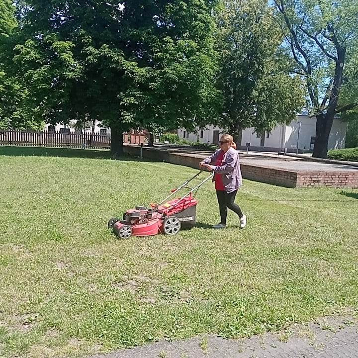 Osoba w okularach słonecznych prowadzi czerwoną kosiarkę spalinową po trawniku w parku, w tle widoczne drzewa i budynek.