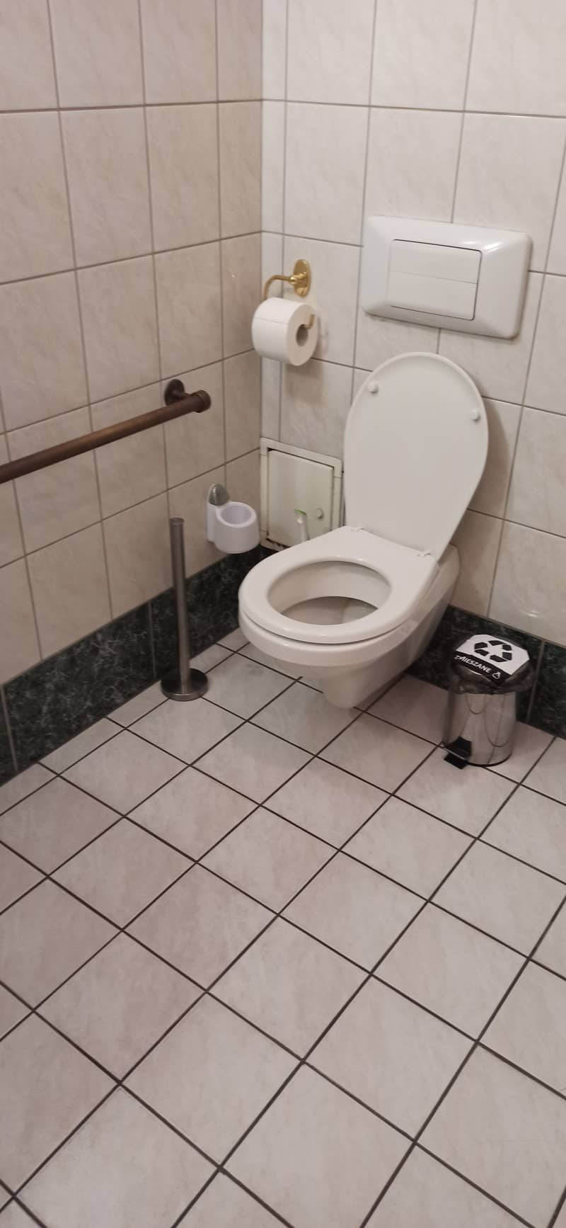 Toaleta z otwartą klapą, uchwytem dla niepełnosprawnych, koszem na śmieci z symbolem recyklingu i dozownikiem papieru toaletowego na ścianie wyłożonej kafelkami w odcieniach beżu i bieli.