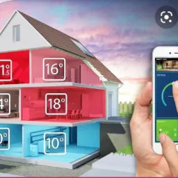 Przekrój domu z zaznaczonymi temperaturami w pomieszczeniach, sterowanymi zdalnie za pomocą aplikacji na smartfonie trzymanym w dłoni.