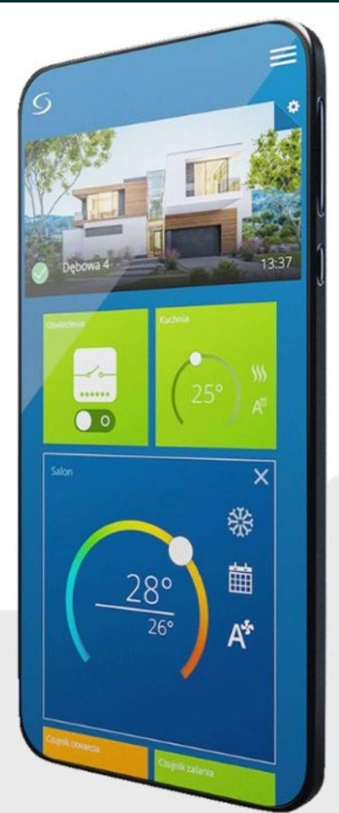 Ekran smartfona prezentujący interfejs aplikacji do zarządzania temperaturą w domu, z widokiem na nowoczesny dom z ogrodem w tle, ustawienia temperatury dla salonu i kuchni, oraz informacje...