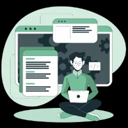 Ilustracja przedstawiająca programistę siedzącego po turecku z laptopem na kolanach, na tle ekranu z ikonami ustawień i fragmentami kodu.