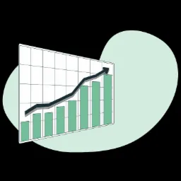 Wykres słupkowy z rosnącą strzałką, prezentujący progres i wzrost, umieszczony na tle pastelowej plamy.
