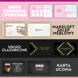 Zestaw wizytówek i kart rabatowych różnych firm, w tym serwis anten, sklep meblowy MakeLoft, usługi glazurnicze, kebab i salon kosmetyczny Madeleine.