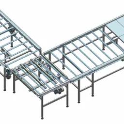 Schemat techniczny systemu transportu rolkowego z napędem elektrycznym, ukazujący konfigurację kątową i elementy konstrukcyjne.