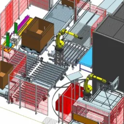 Wizualizacja 3D zautomatyzowanej linii produkcyjnej z robotami przemysłowymi, przenośnikami rolkowymi i barierami ochronnymi w kolorze czerwonym, prezentująca przepływ kartonowych pudeł.