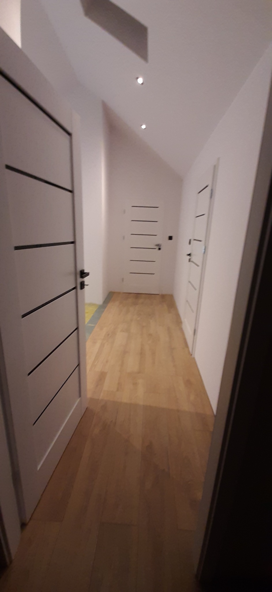 Korytarz z drewnianą podłogą i trzema białymi drzwiami z czarnymi akcentami, oświetlony punktowymi lampami sufitowymi.