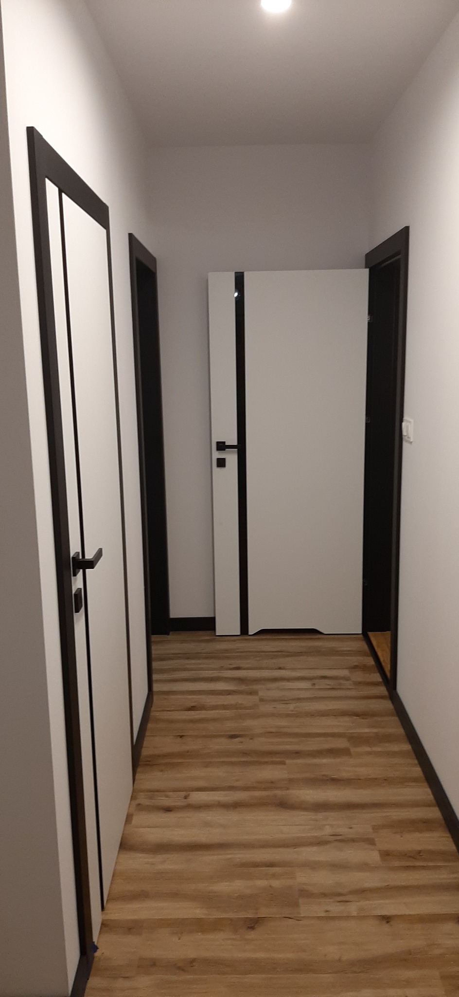 Korytarz z trzema parami drzwi w kolorze białym z czarnymi akcentami, panele podłogowe imitujące drewno, oświetlenie sufitowe punktowe.