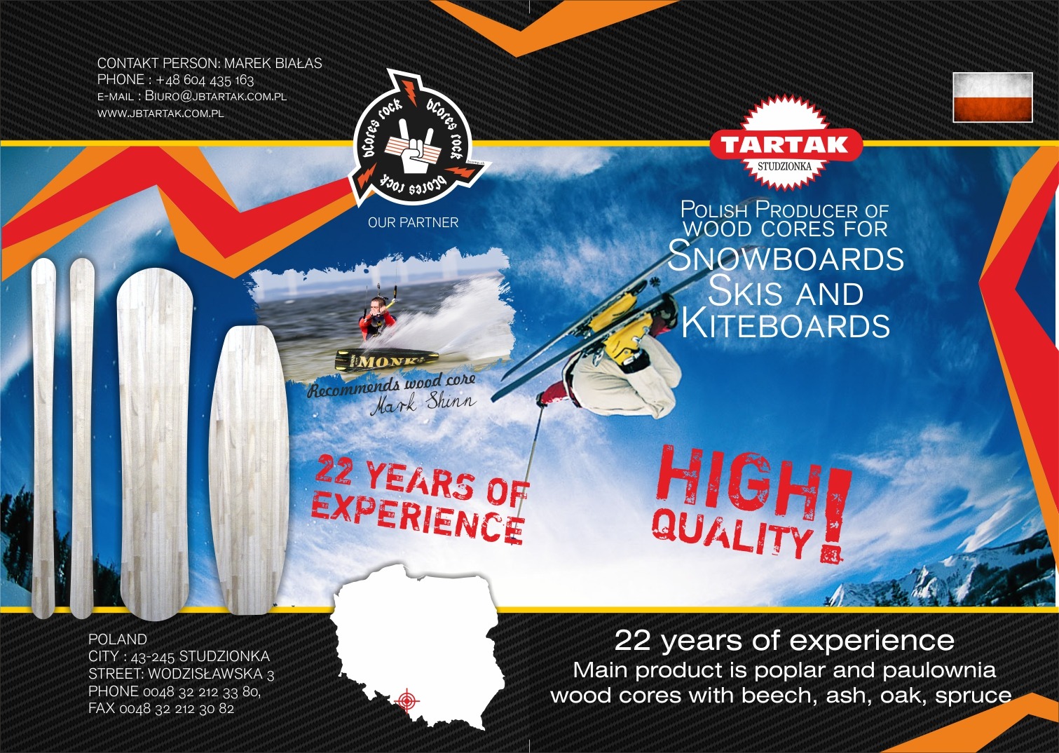 Folder reklamowy producenta rdzeni drewnianych do desek snowboardowych, nart i kiteboardów, z wizualizacją desek, logotypami i informacjami kontaktowymi firmy Tartak Studzionka.