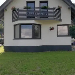 Dwukondygnacyjny dom z ocieploną, jasną elewacją, ciemnoszarą podmur&oacute;wką i balkonem z kwiatami, widok z przodu na trawnik.