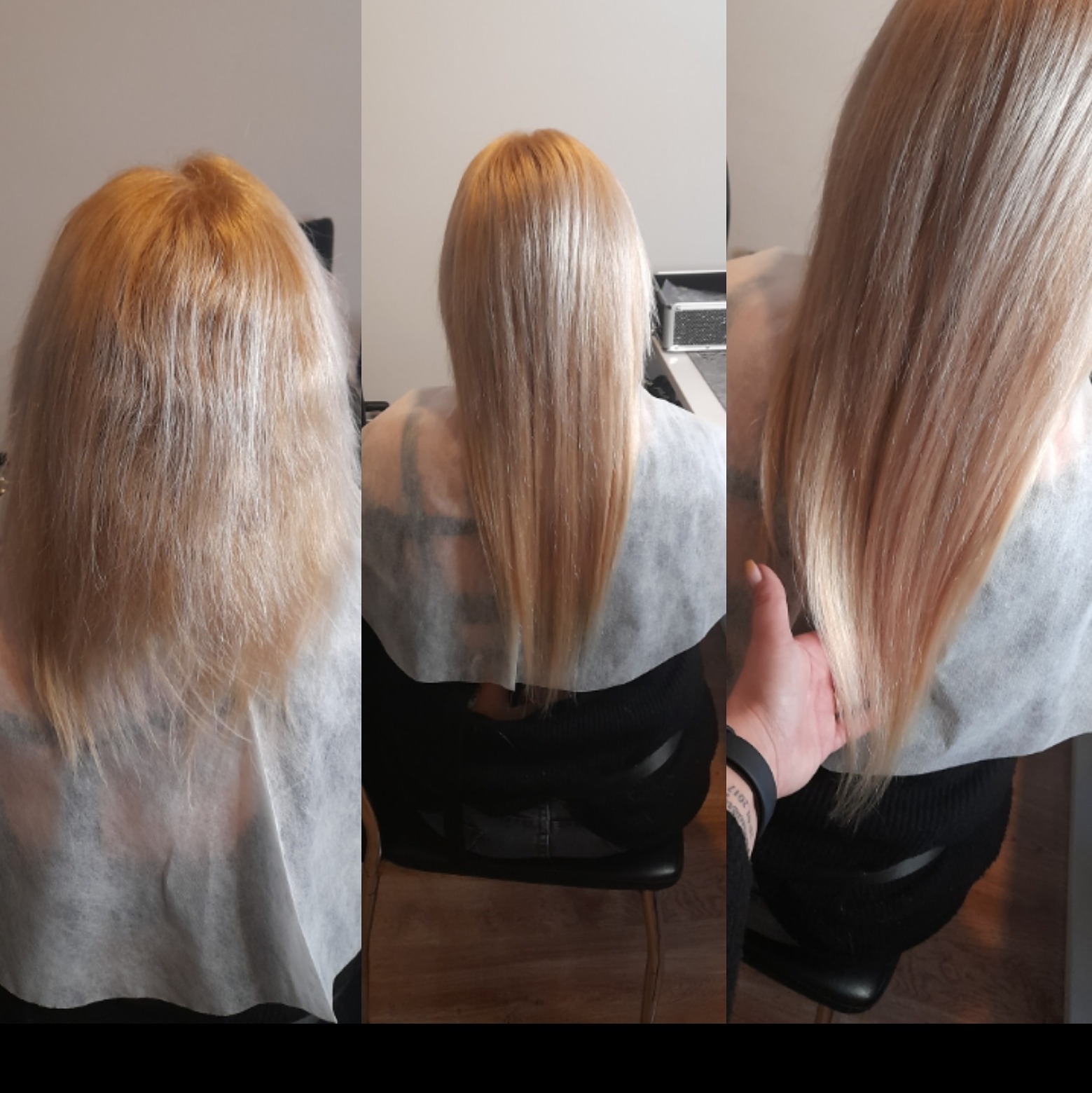 Trzy ujęcia metamorfozy włosów blond: przedłużanie włosów na ringi, widoczna różnica w długości i gęstości, zbliżenie na doczepione pasma.