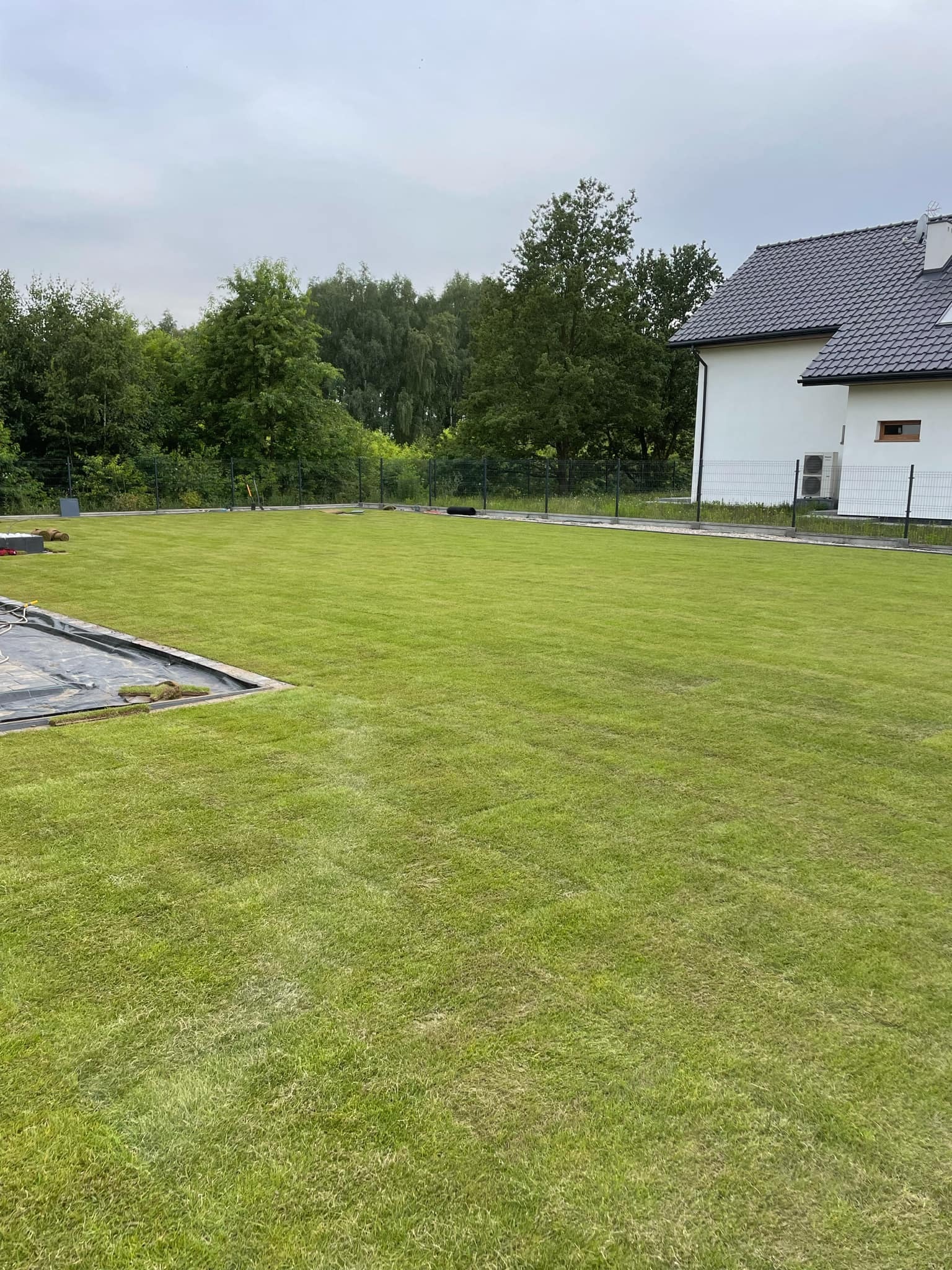 Rozległy trawnik z rolki przed nowoczesnym domem, widoczne fragmenty czarnej folii i resztki rolek, ogrodzenie z siatki, pochmurne niebo.