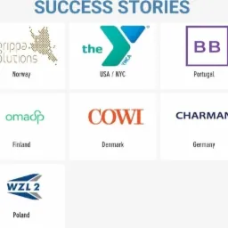 Zbiór logotypów firm z różnych krajów, ułożonych w siatkę, pod nagłówkiem 'Success Stories'.