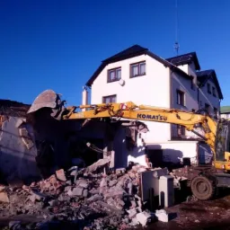 Żółta koparka Komatsu podczas burzenia murowanego budynku, z gruzem na ziemi i białym budynkiem w tle pod błękitnym niebem.