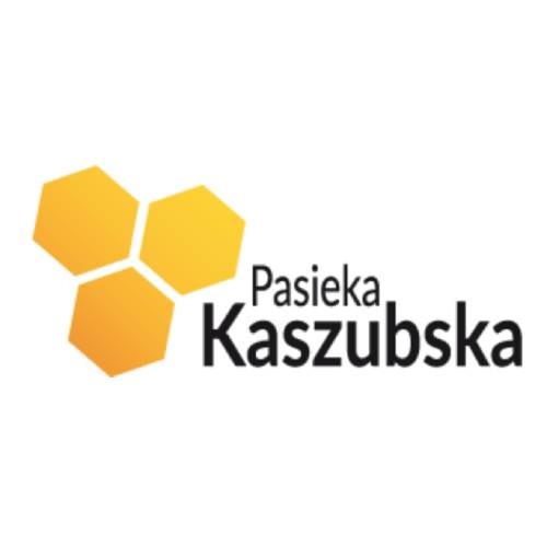 Logo Pasieki Kaszubskiej z trzema połączonymi sześciokątnymi komórkami plastra miodu w odcieniach żółci.