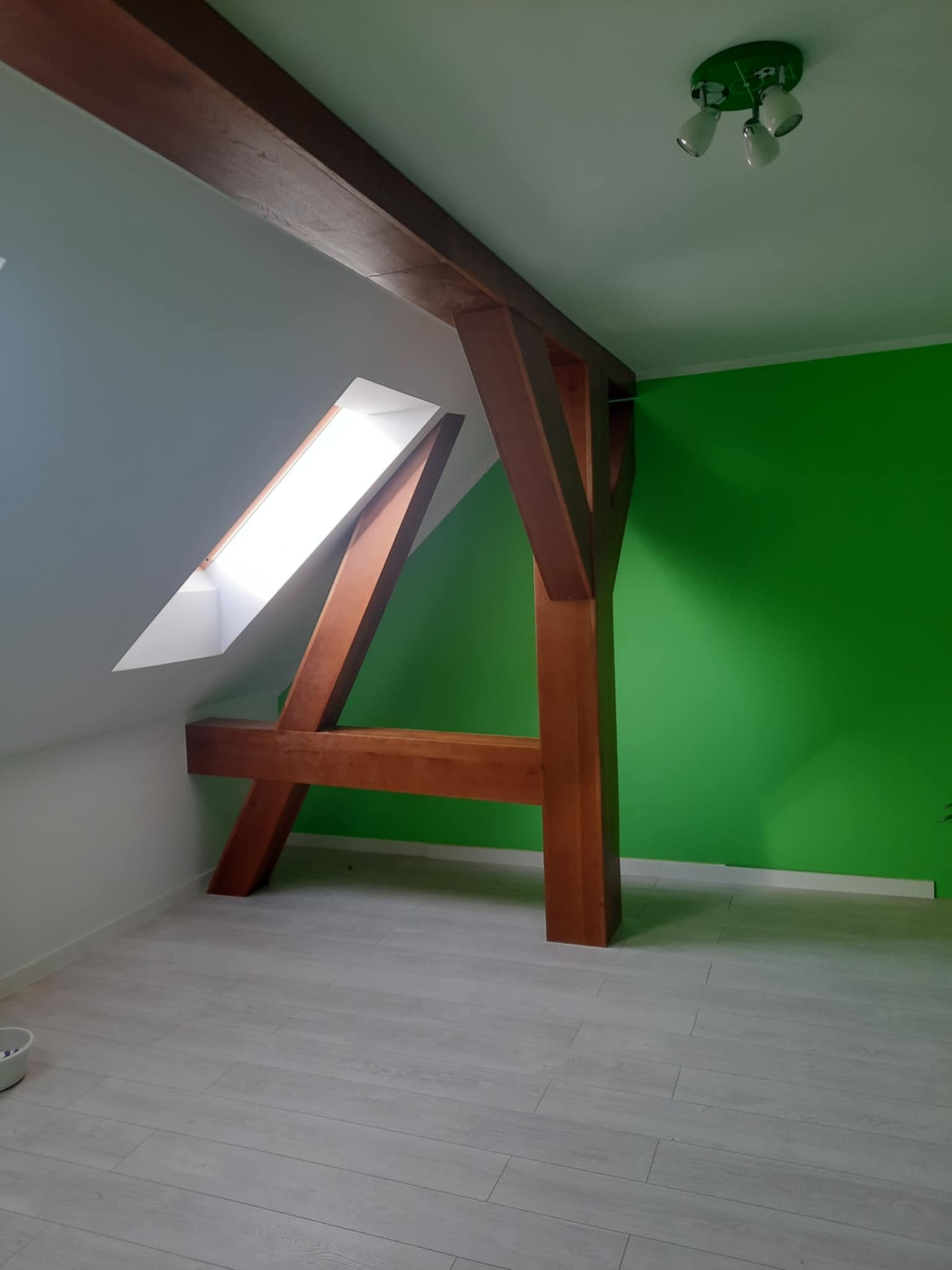 Poddasze z drewnianą konstrukcją nośną, pomalowaną na brązowo, białą skośną ścianą z oknem dachowym i intensywnie zieloną ścianą boczną, na podłodze panele imitujące drewno.