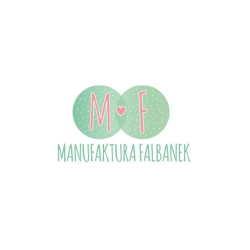 Logo firmy 'Manufaktura Falanek' z inicjałami MF w pastelowych kółkach z delikatnym deseniem kropek i serduszkiem.