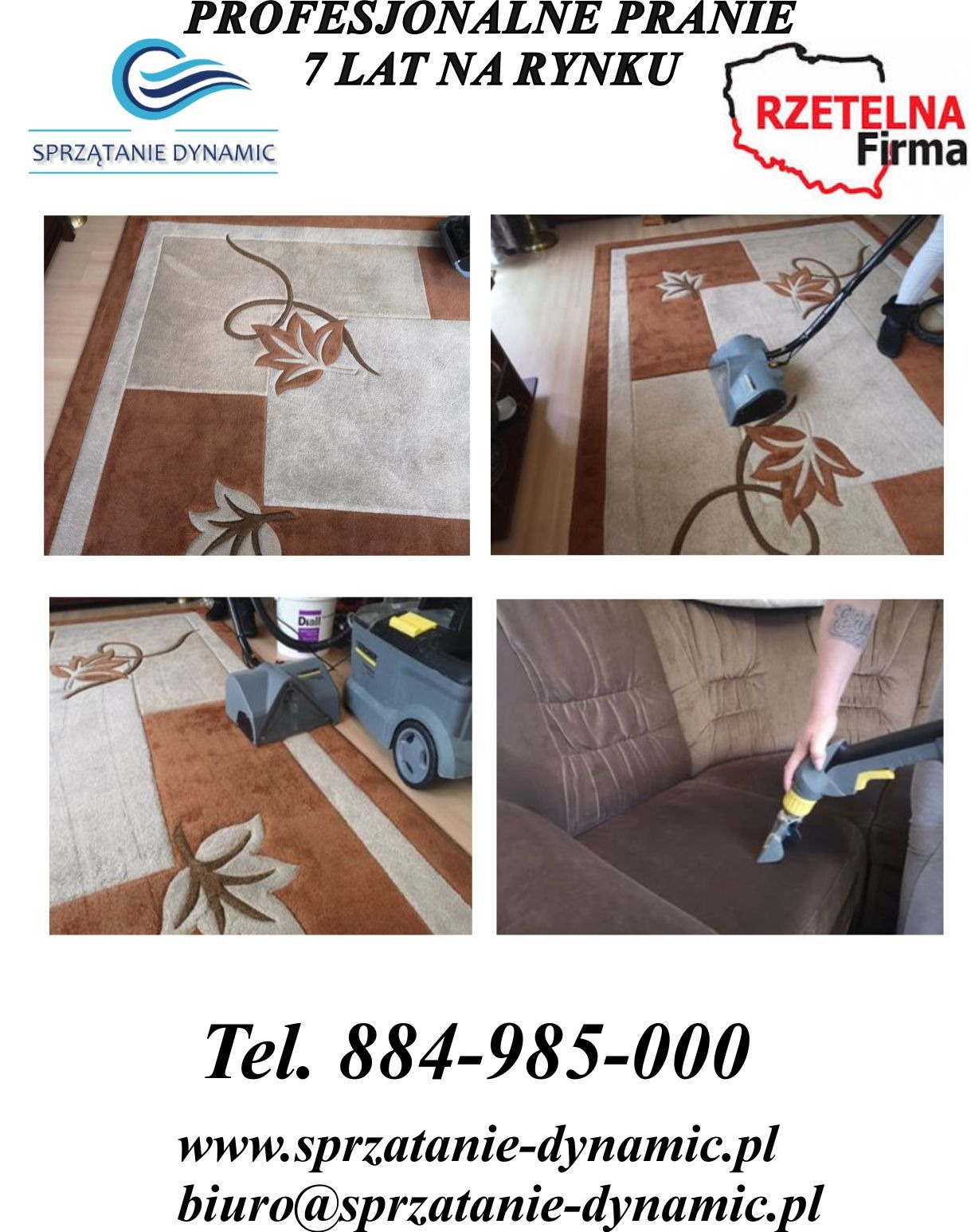 Mozaika zdjęć przedstawiająca pranie dywanu z motywem liści i brązowej sofy za pomocą odkurzacza piorącego, logo firmy Sprzątanie Dynamic i dane kontaktowe.