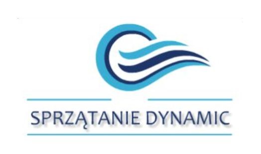 Logo firmy sprzątającej: stylizowana fala w odcieniach błękitu nad napisem 'SPRZĄTANIE DYNAMIC' podkreślonym cienką linią.