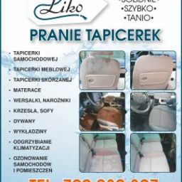 Plakat reklamowy firmy Liko oferującej solidne, szybkie i tanie usługi czyszczenia tapicerek samochodowych, meblowych i skórzanych, materacy, wersalek, narożników, krzeseł, sof, dywanów, wykładzin,...