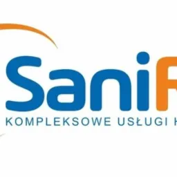 Logo firmy Sanires oferującej kompleksowe usługi hydrauliczne, z symbolem kranu wkomponowanym w obrys rur w kolorach pomarańczowym i niebieskim.