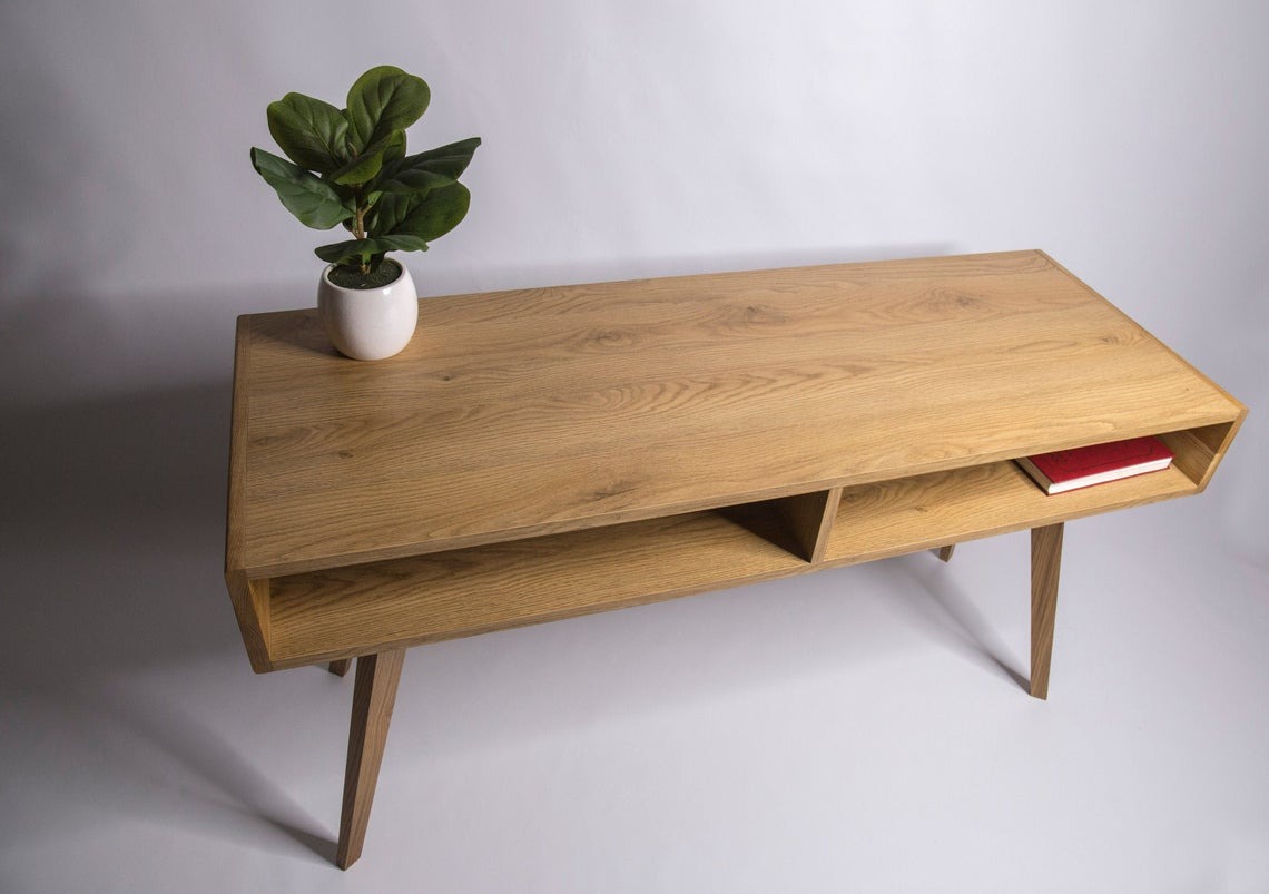 Dębowe biurko - Konsola Maya w stylu skandynawskim z dwiema półkami. Dąb, Drewniany, Ręcznie Robiony.