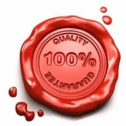 Czerwona, okrągła pieczęć lakowa z napisem 'QUALITY 100% GUARANTEE' wewnątrz okręgu, z widocznymi kroplami zastygniętego laku.