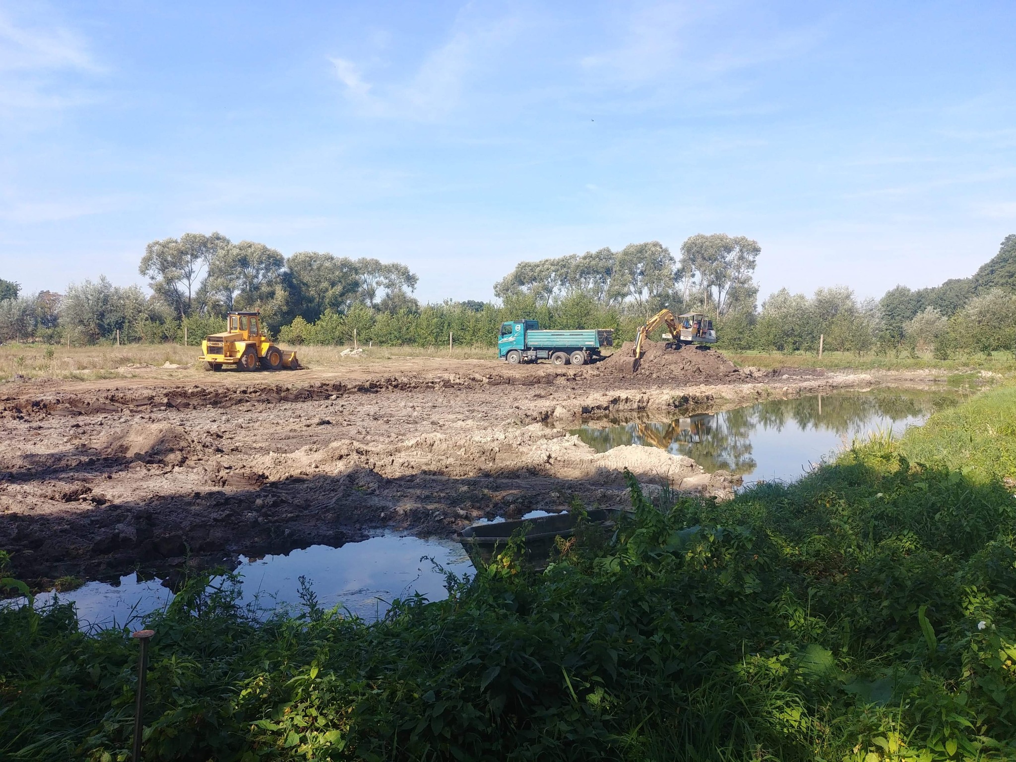 Żółta ładowarka kołowa i zielona wywrotka z koparką na stercie ziemi przy powstającym stawie, widok zza bujnej roślinności.