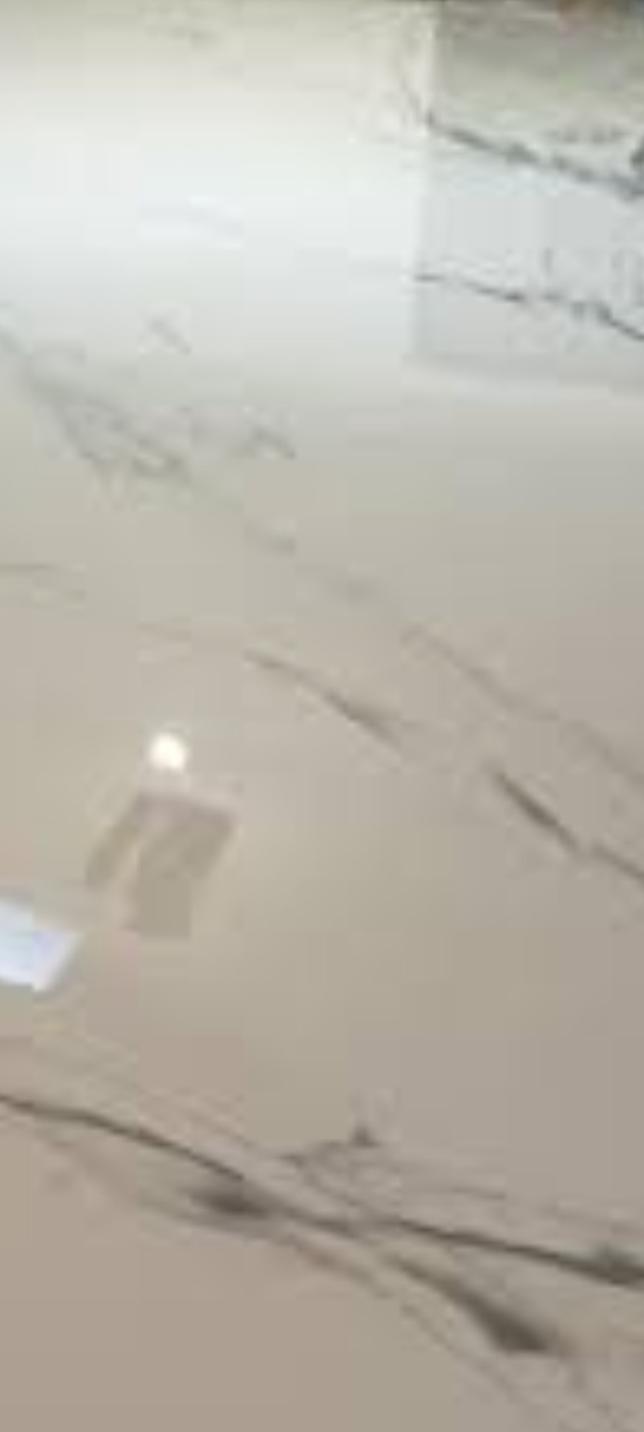 Jasna, błyszcząca posadzka z delikatnym wzorem marmuru, odbijająca światło. Gładka powierzchnia, widoczne subtelne żyłki i refleksy świetlne.