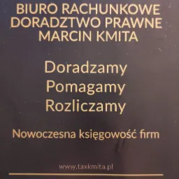 Wizytówka biura rachunkowego KMITA z logo przedstawiającym niemożliwą figurę geometryczną, oferującego doradztwo prawne i nowoczesną księgowość firm, z podanym adresem strony internetowej...