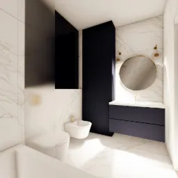 Elegancka aranżacja łazienki z marmurowymi płytkami, umywalką z szafką w kolorze granatowym, okrągłym lustrem w złotej ramie i minimalistyczną armaturą.