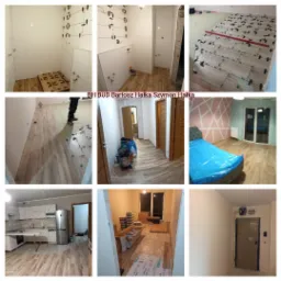 Seria zdjęć przedstawiających proces wykańczania wnętrz: łazienka z białymi płytkami i drewnopodobną podłogą w trakcie układania, korytarz z drewnianą podłogą i bagażami, sypialnia z zabezpieczonym...