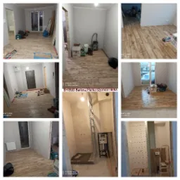 Seria zdjęć z wnętrz w trakcie remontu: układanie płytek imitujących drewno na podłodze w różnych pomieszczeniach, widoczne narzędzia i materiały budowlane, przygotowania do montażu instalacji...