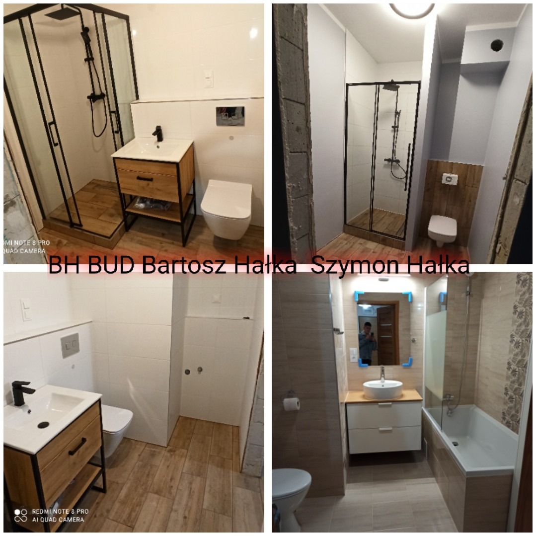 Kolaż czterech ujęć wyremontowanej łazienki: kabina prysznicowa typu walk-in z czarną ramą, umywalka z szafką z drewnianymi elementami, wisząca toaleta, lustro z podświetleniem LED nad umywalką.