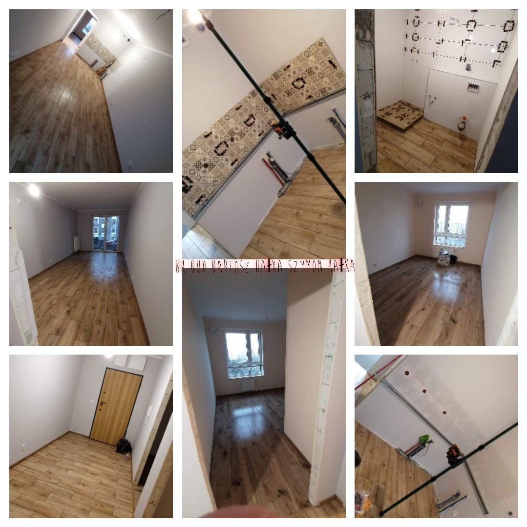 Kolaż zdjęć z wnętrz w trakcie prac wykończeniowych: ułożona podłoga z paneli imitujących drewno w różnych pomieszczeniach, częściowo wykończona łazienka z płytkami na ścianach i podłodze, laserowy...