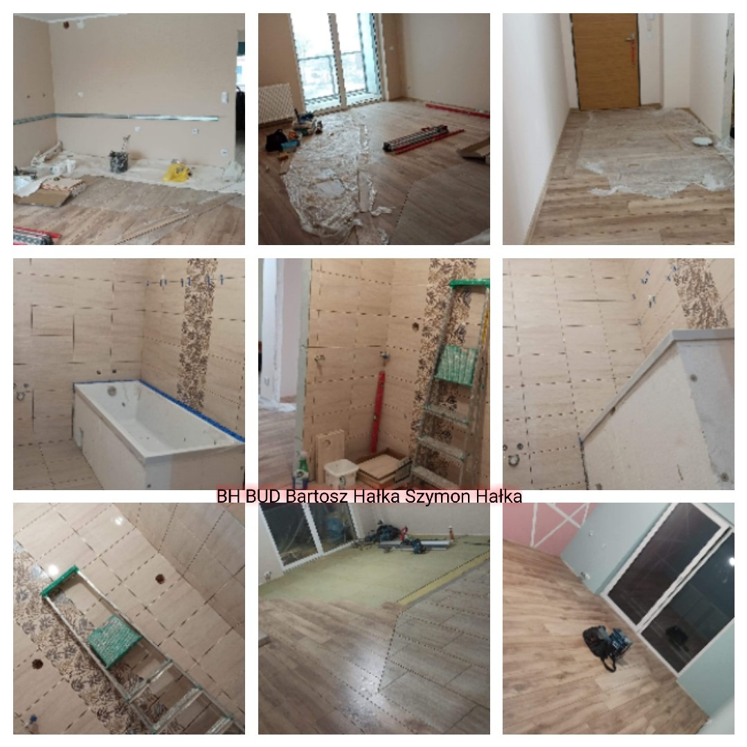 Kolaż zdjęć z różnych etapów remontu: przygotowanie podłoża, układanie płytek w łazience z wanną, montaż paneli podłogowych w pokoju z dużym oknem.