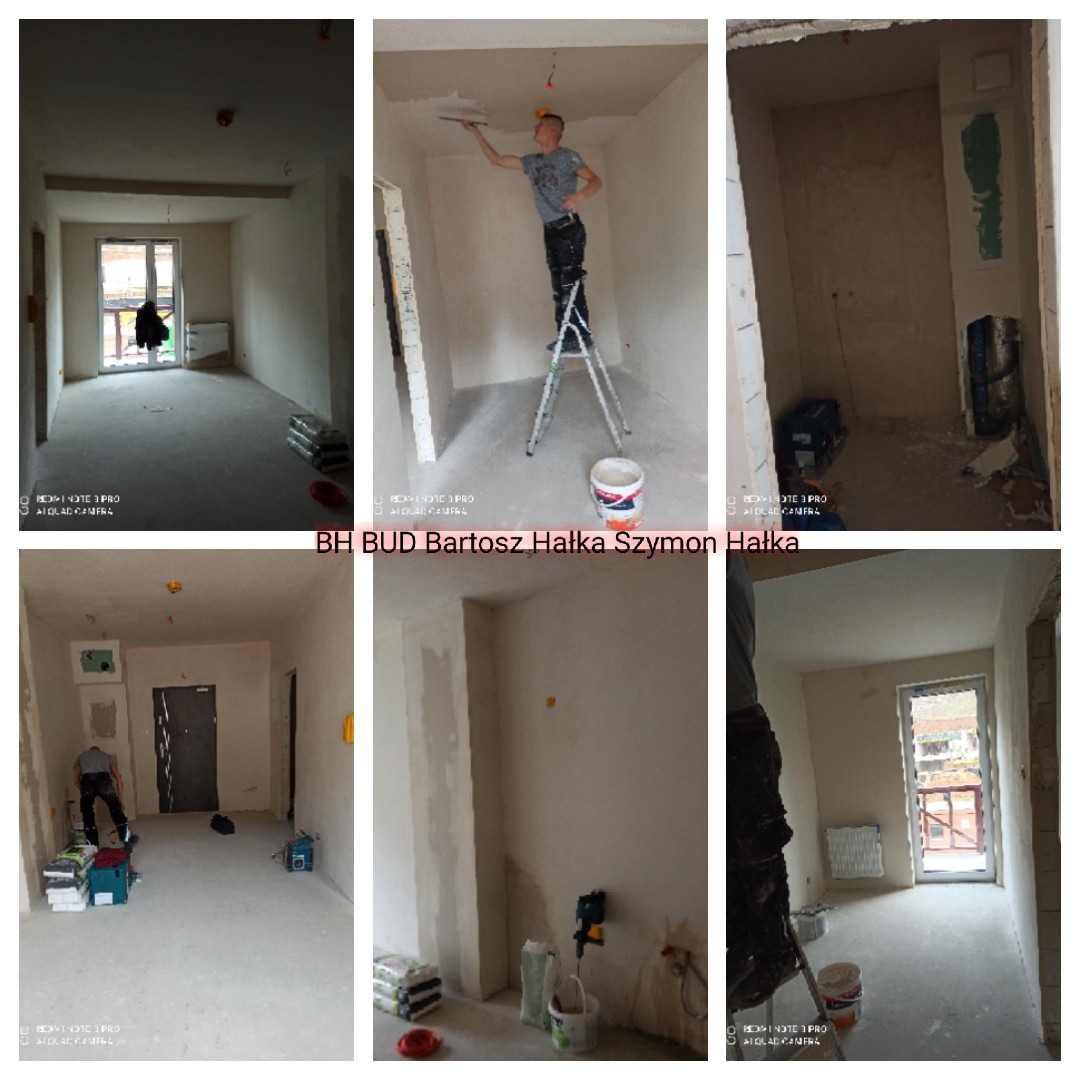 Montaż gładzi na suficie w pomieszczeniu w trakcie remontu, pracownik na drabinie, widoczne narzędzia i materiały budowlane, surowe wnętrze.