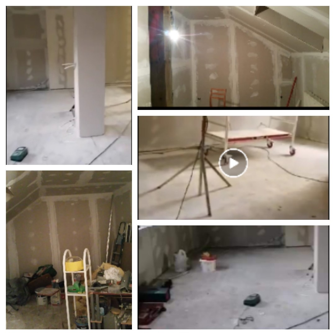 Wnętrze w trakcie wykańczania: ściany pokryte płytami gipsowo-kartonowymi, widoczne szpachlowanie łączeń, drabina, narzędzia i prowizoryczne oświetlenie. Na podłodze widoczne ślady zaprawy.