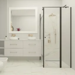 Wizualizacja łazienki w jasnych barwach z dekoracyjną tapetą przedstawiającą stado ptaków, białą szafką pod umywalki z okrągłymi umywalkami, kabiną prysznicową z czarnymi ramami i złotymi detalami...