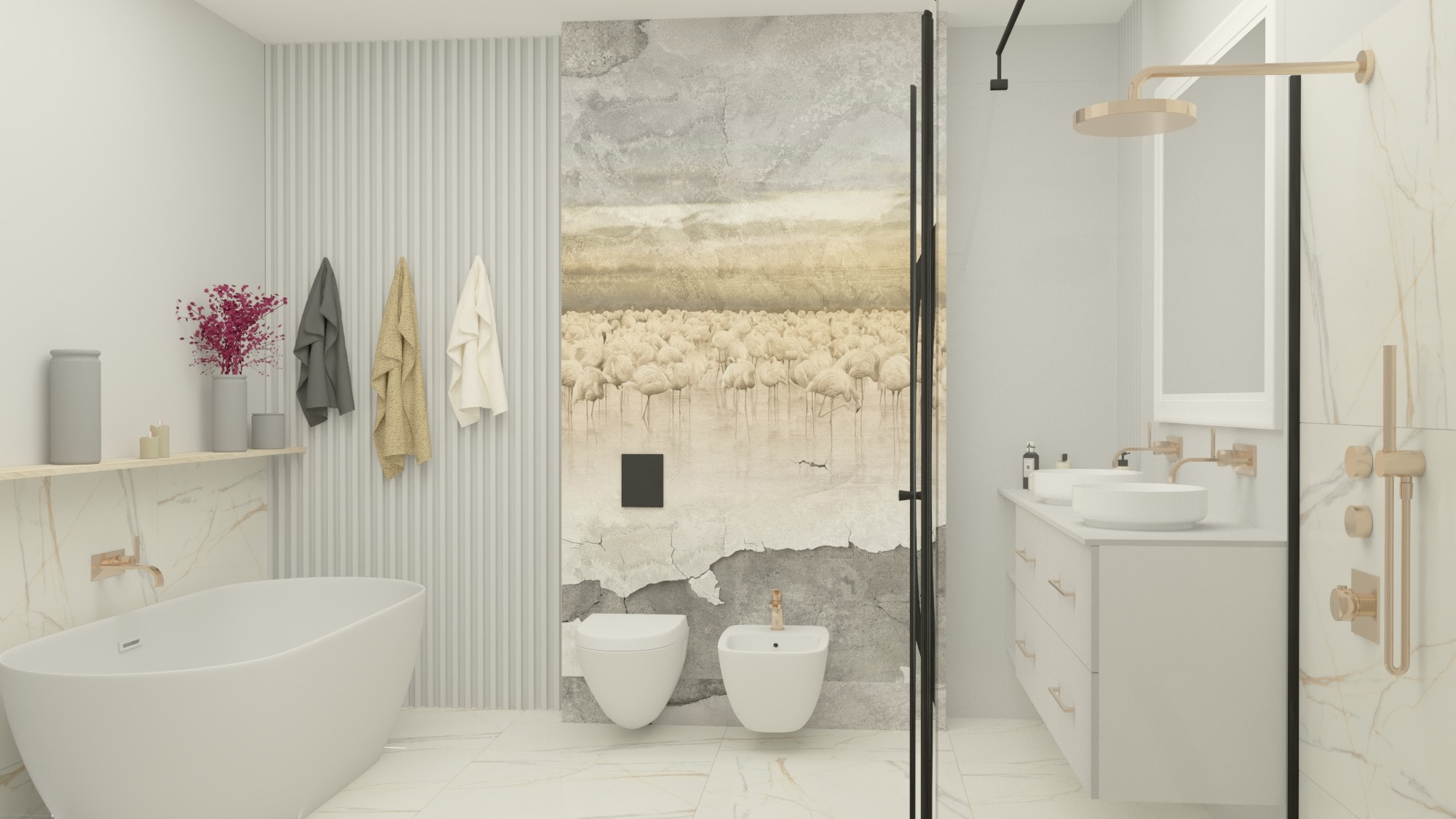 Wizualizacja przestronnej łazienki z wolnostojącą wanną, umywalką nablatową, toaletą i bidetem, utrzymana w jasnej kolorystyce z elementami złota, z dekoracyjną ścianą z motywem flamingów.