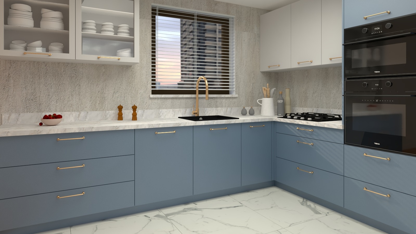 Nowoczesna kuchnia w odcieniach szarości i błękitu z marmurowym blatem, złotymi uchwytami i czarnym zlewem pod oknem z żaluzjami.