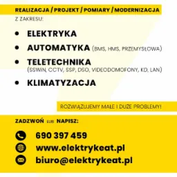 Grafika reklamowa firmy EAT oferującej usługi z zakresu elektryki, automatyki, teletechniki i klimatyzacji. Na żółtym tle wypisane zakresy działalności, dane kontaktowe: numer telefonu, adres...